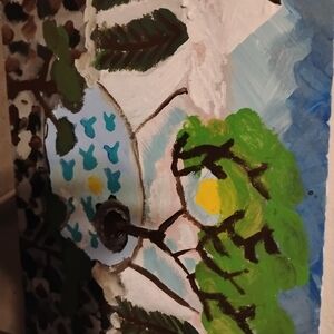 fish Nicole Green, Blue and Yellow Abstract Tree Painting